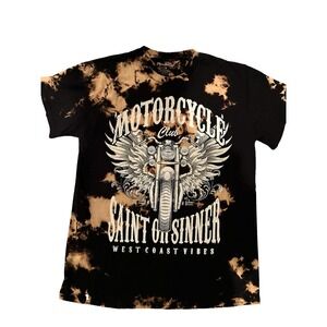 Women's Black and Brown Tie-dye Motorcycle Club T-shirt Size Medium Grunge Biker